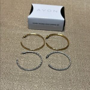 Avon Double Trouble Gold-tone and Silver-tone  Hoop Earrings Set